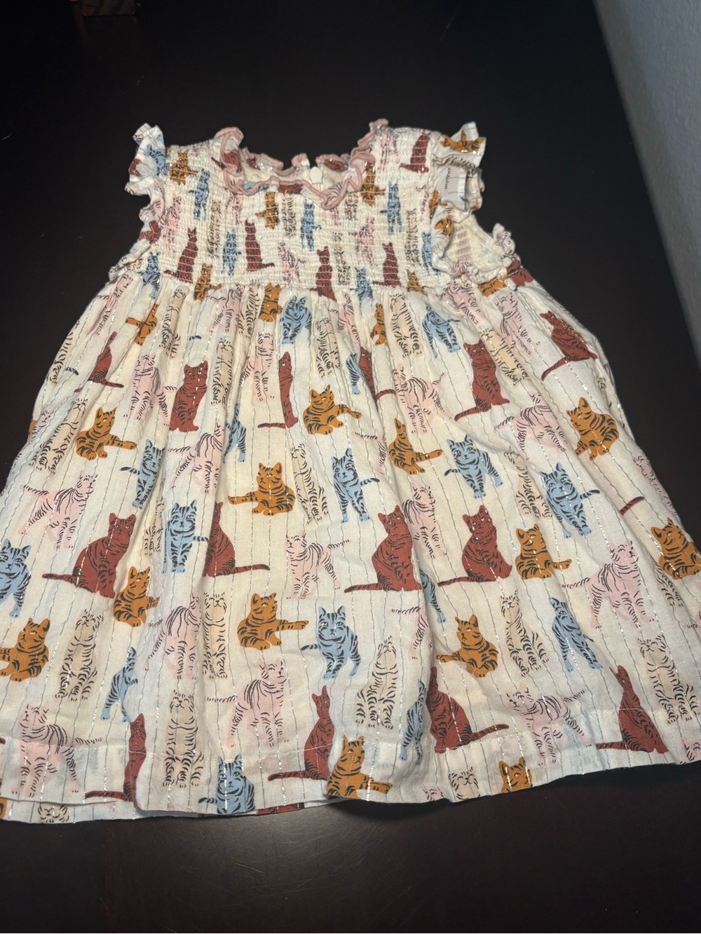 Pink Chicken Stevie Dress Tabby Cats Smocked Metallic Stripe Cotton 6-12 Months